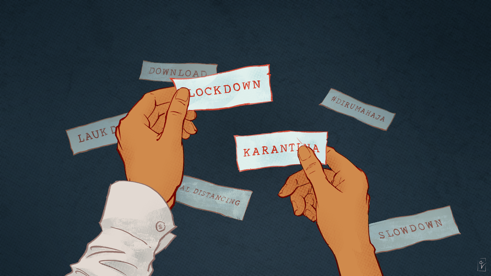 Header image, showing one hand holding the word 'lockdown' and another holding 'karantina'