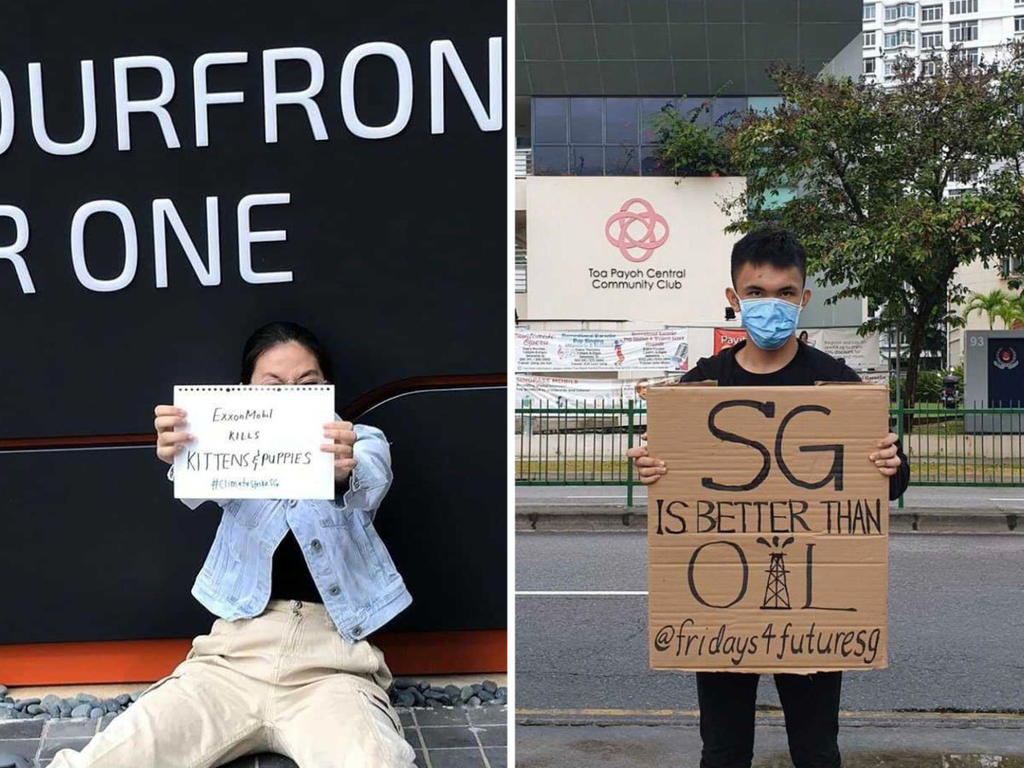 Singapore's First Two Climate Strikers, J-Min and Minh, protesting in front of ExxonMobil and Toa Payoh Community Club, respectively