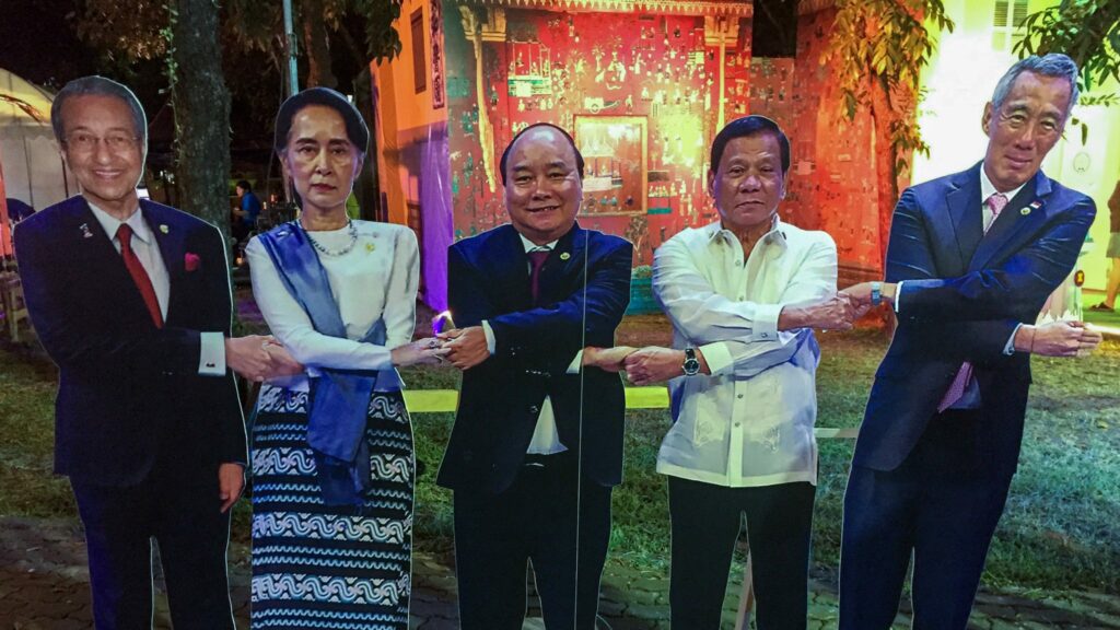 Cutout figures of Asean leaders with crossed arms shaking hands in a Bangkok park in 2018. Figures include, from left to right, Malaysia’s Mahathir Mohamad, Myanmar’s Aung San Suu Kyi, Vietnam’s Nguyen Xuan Phuc, the Philippines’ Rodrigo Duterte and Singapore’s Lee Hsien Loong.