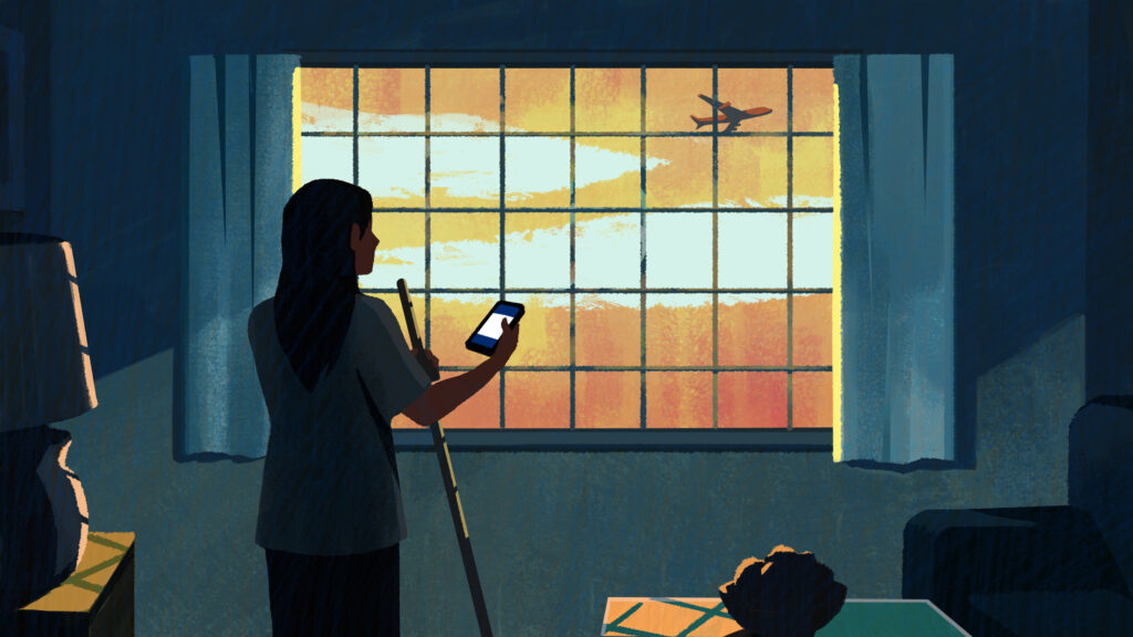 Illustration of domestic worker standing in a dark room with illuminated smartphone in right hand and broom in left hand, as she gazes out the window looking at an airplane in the sky