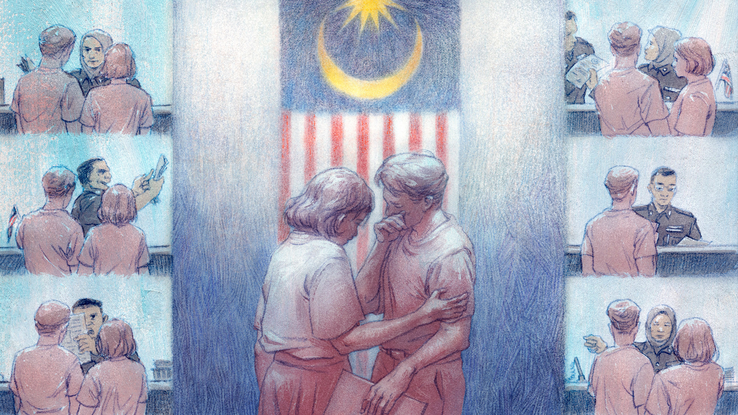 An illustration in colour pencil and watercolour, divided into one large central image and three panels on the left and right sides. In the centre, a woman in a t-shirt and skirt bows her head and reaches out to her partner, a man in a t-shirt and slacks who is wiping tears off his face. A Malaysian flag hangs in the background, red and white stripes forming bars behind the couple. In the six panels, three on the left and three on the right, the same couple stand at a counter, speaking to different immigration officers in each panel. There are small Malaysian flags on the countertop. The first officer looks stern; the second holds up their paperwork, laughing at it; the third shakes a form at the man angrily; the fourth beckons to another officer; the fifth looks apprehensively at another set of documents; the sixth points to a counter off in the distance, directing them into another series of altercations.