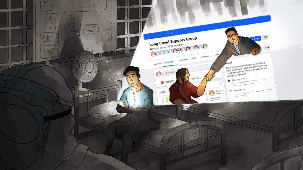 A digital hand-drawn illustration showing a man sitting on a hospital cot in a quarantine centre. He wears a hospital gown and holds a mobile phone in his hands. A large beam of light shines from the phone, illuminating his torso and spreading out behind him to show a stylised screenshot of a Facebook support group for COVID long-haulers. In the beam of light, two other people emerge; a woman in a long-sleeved dark red shirt with a nasal oxygen tube connected to an unseen oxygen tank, and a man in glasses, a grey hoodie and a light blue shirt. The man reaches out to grasp the woman’s hand. The rest of the quarantine centre not illuminated by the light beam is depicted in shades of grey.