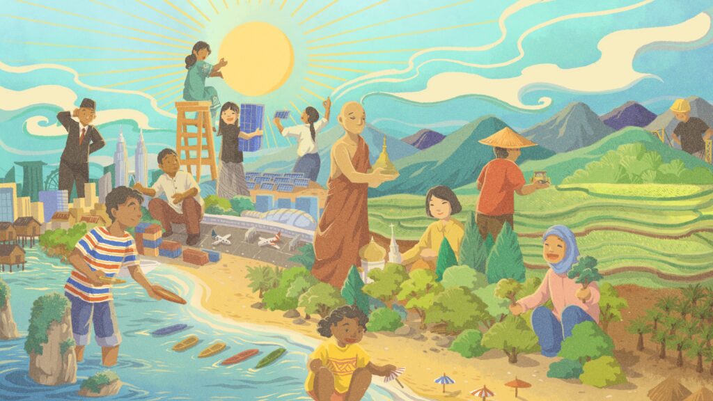 A group of Southeast Asians working on a miniature Southeast Asian landscape. You can see twelve people of different genders and ethnicities, wearing diverse outfits from different religious groups. You can see landscapes from mountains, a forest, a rice field, a beach, boats in oceans, planes in an airport, and skyscrapers in a city.